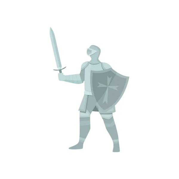 La figura de un caballero con armadura gris, una espada y un escudo sobre un fondo blanco — Vector de stock