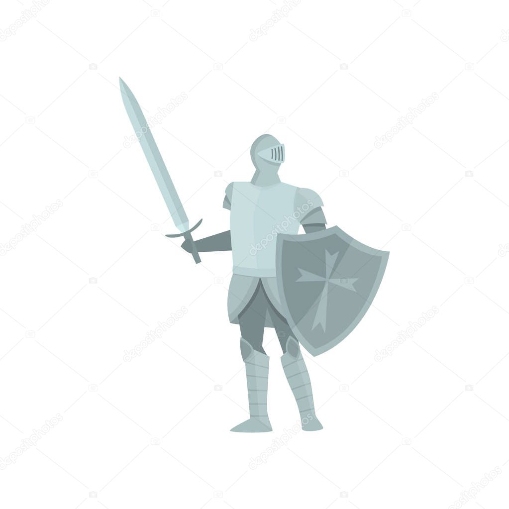 Knight in gray steel armor with sword and shield stands and looks away. Pattern on white background