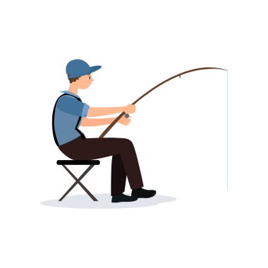 Sandalye olta, Erkek Fisher karakter vektör çizim ile katlama üzerinde oturan balıkçı
