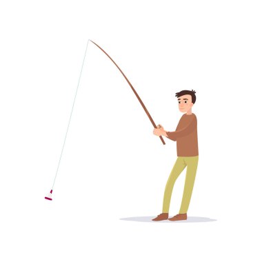 Rod, Erkek Fisher karakter vektör çizim ile genç balıkçı balıkçılık