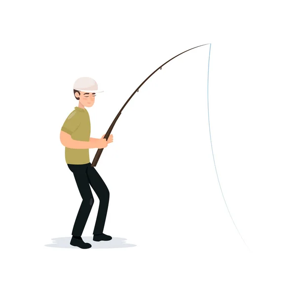 Fisherman Holding Fishing Rod, Boy Fisher Character Catching Fish Vector Illustration — Stock Vector