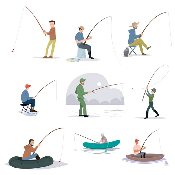 Collection of Fishermen Catching Fish with Fishing Rods, Fisher Characters Sitting on Shore and Boats Vector Illustration — Stock Vector