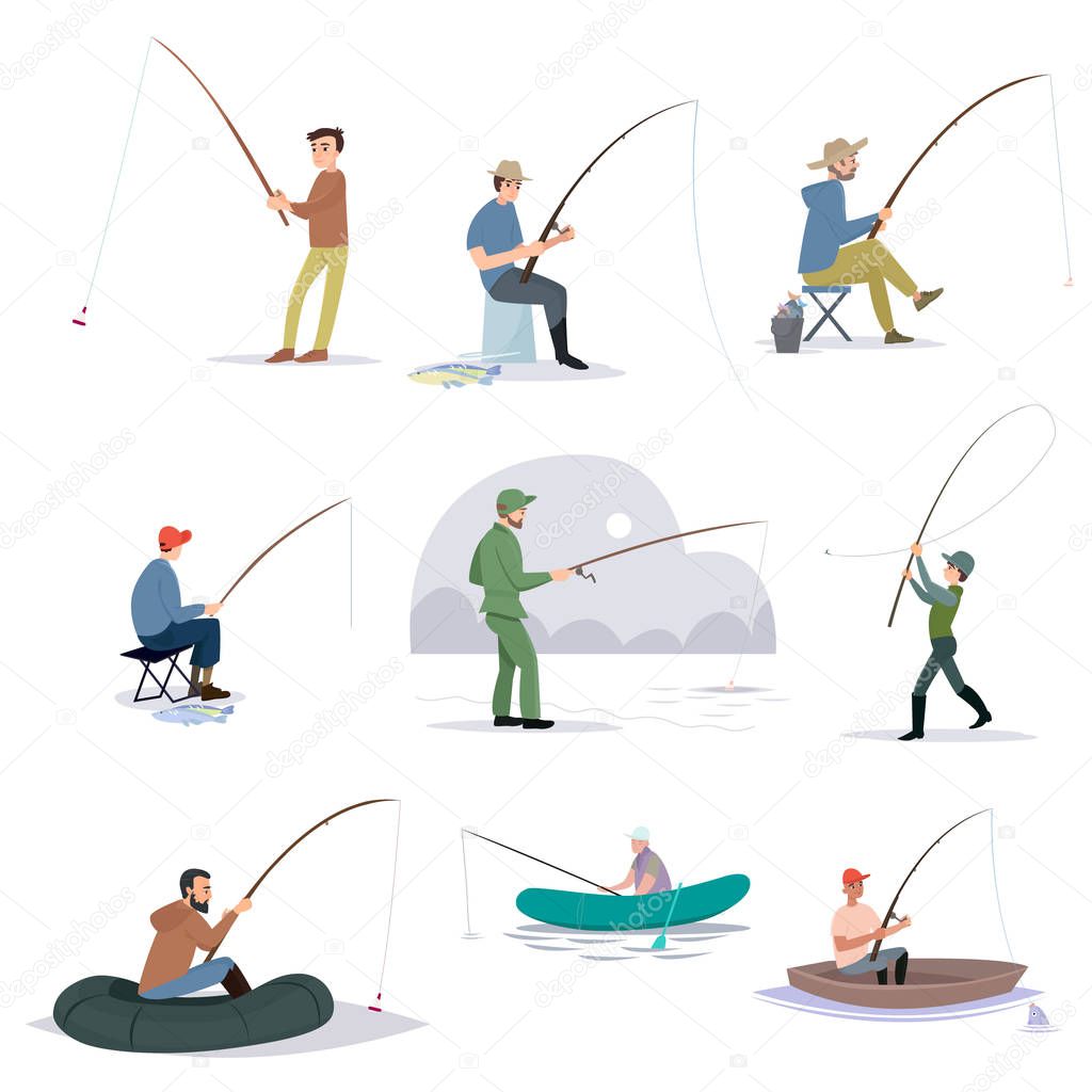 Collection of Fishermen Catching Fish with Fishing Rods, Fisher Characters Sitting on Shore and Boats Vector Illustration