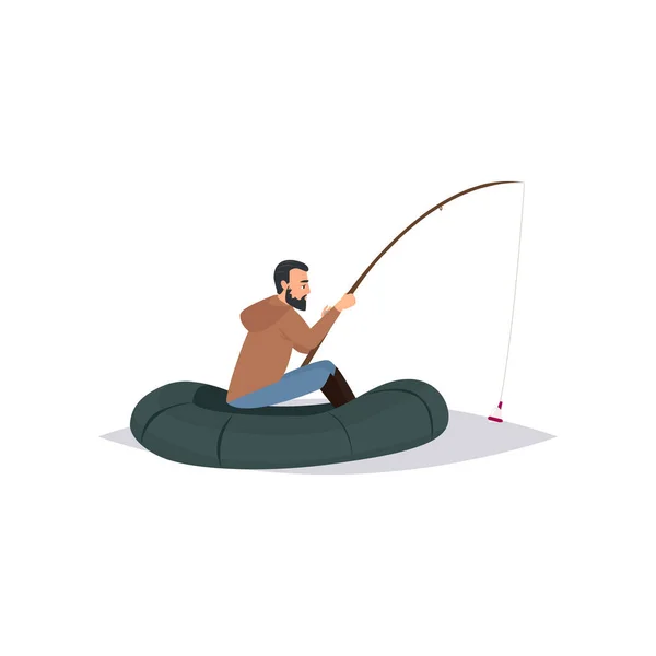 Pêcheur barbu avec tige de pêche, personnage de pêcheur mâle assis sur le vecteur de bateau gonflable Illustratio — Image vectorielle