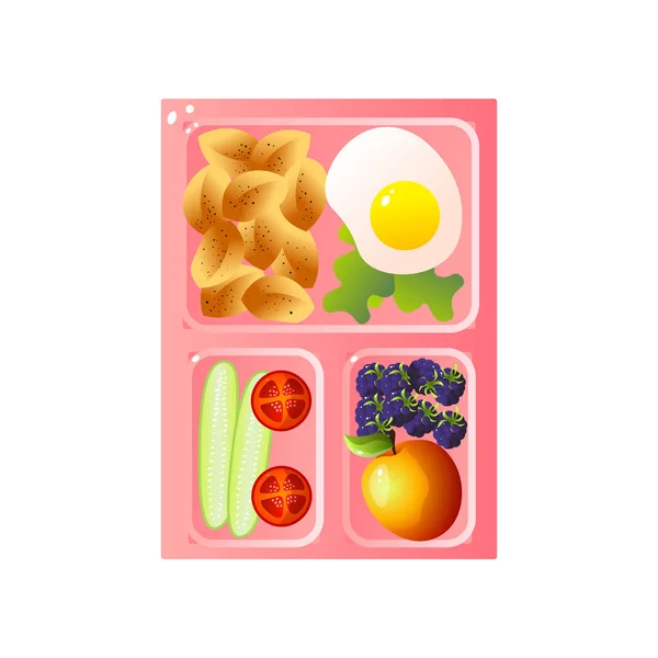 Okul yemek tepsisiyle sahanda yumurta ve makarna, sebze, meyve vektör çizim — Stok Vektör