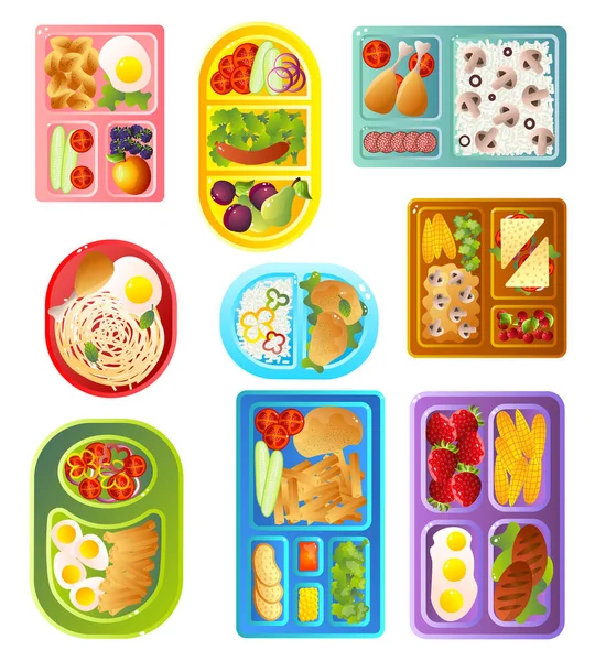 Samling av skolan Lunch brickor av olika färger, hälsosam kost livsmedel av barn vektorillustration — Stock vektor