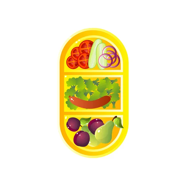 Bandeja de almuerzo escolar con frutas, verduras, salchichas y verdor Vector ilustración — Vector de stock