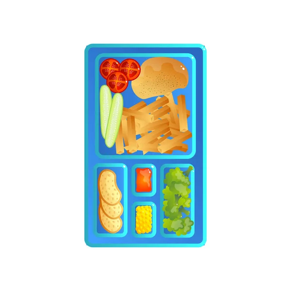 Bandeja de almuerzo escolar con papas fritas, verduras, pan, vegetación y salsa Vector Ilustración — Archivo Imágenes Vectoriales