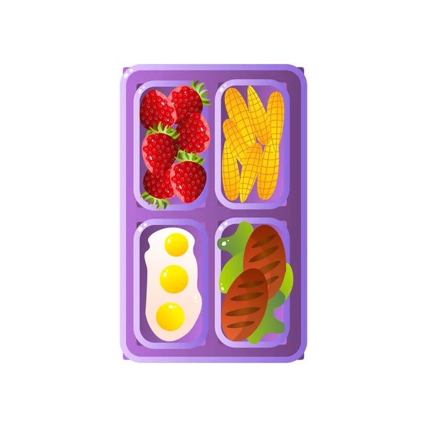 Bandeja de Almoço Escolar com Peitos de Milho, Ovos Fritos, Costeletas e Morangos Ilustração Vetor — Vetor de Stock