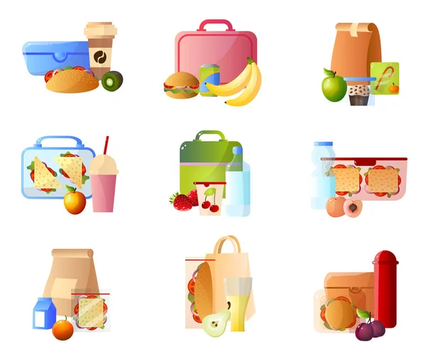 Koleksi Kotak Makan Siang dengan Makanan Sehat, Makan Siang Sekolah dalam Ilustrasi Vektor Paket Plastik dan Kertas - Stok Vektor