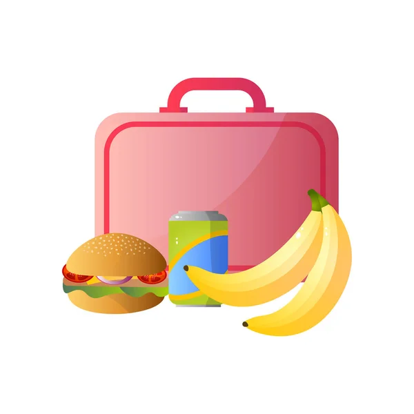 Lunch Box met gezonde voeding, drinken, hamburger, banaan, School Lunch in Container vectorillustratie — Stockvector