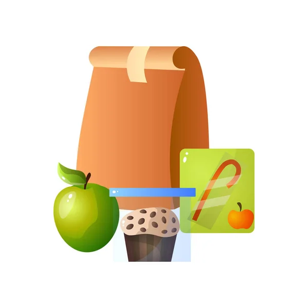 Μεσημεριανό χαρτί τσάντα με υγιεινά τρόφιμα, Apple, Muffin και χυμό, σχολικό γεύμα σε εικονογράφηση διάνυσμα συσκευασίας χαρτιού — Διανυσματικό Αρχείο
