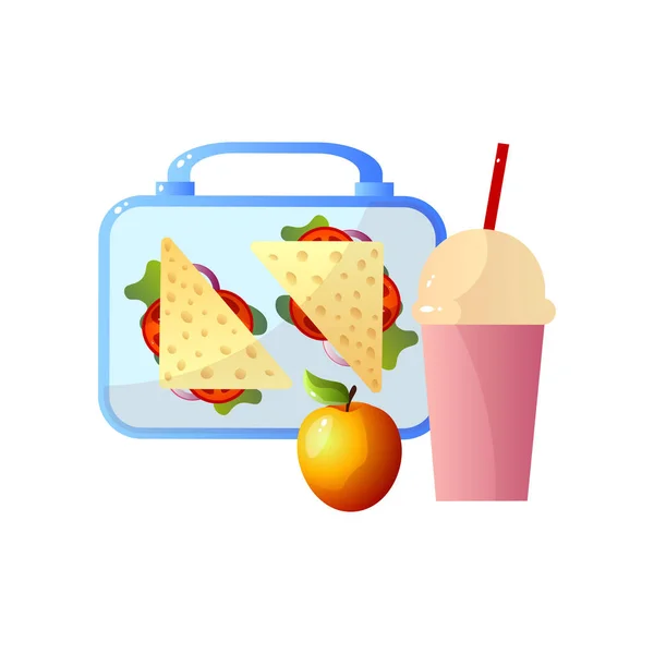 Lancheira com Alimentos Saudáveis, Sanduíches, Maçã e Bebida, Almoço Escolar em Container Vector Illustration — Vetor de Stock