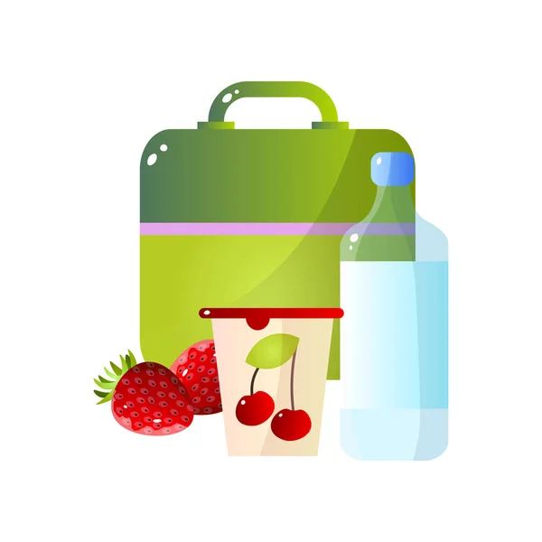 健康食品、イチゴ、チェリー、ボトル入り飲料水、コンテナーのベクトル図に学校給食とお弁当 — ストックベクタ
