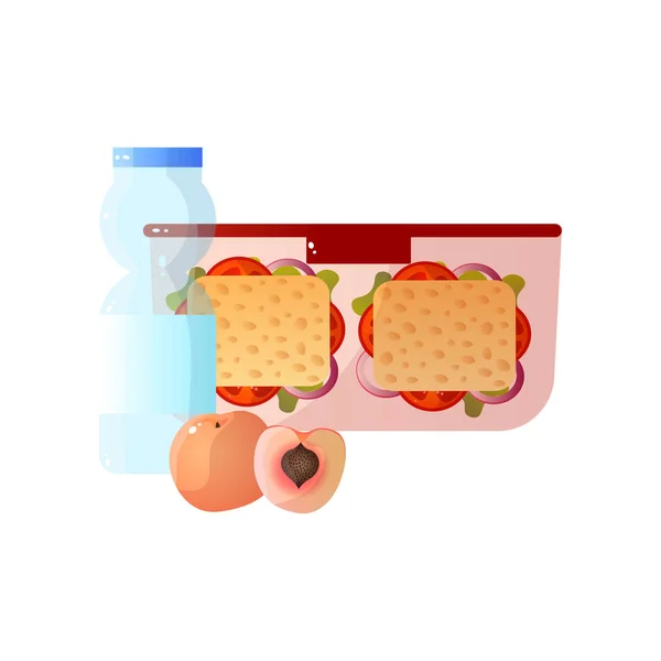Almuerzo con Comida Saludable, Dos Sandwiches, Melocotón y Botella de Agua, Almuerzo Escolar en Contenedor Vector Ilustración — Vector de stock