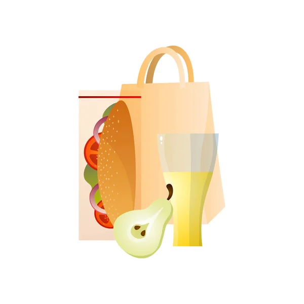 Lunchbox mit gesundem Essen, Sandwich, Birne und Glas Saft, Schulessen in Papierverpackung — Stockvektor