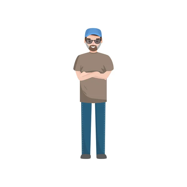 Hombre barbudo con ropa casual, gafas y gorra de béisbol de pie con las manos dobladas Vector ilustración — Archivo Imágenes Vectoriales