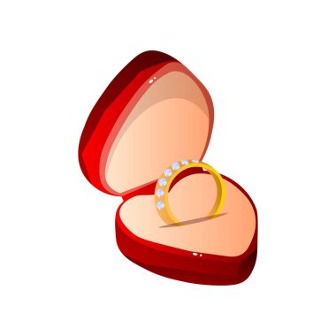 Kırmızı kadife açılan hediye kutusu ile elmas yüzük, kalp şeklinde mücevher durumda nişan yüzüğü vektör çizim ile