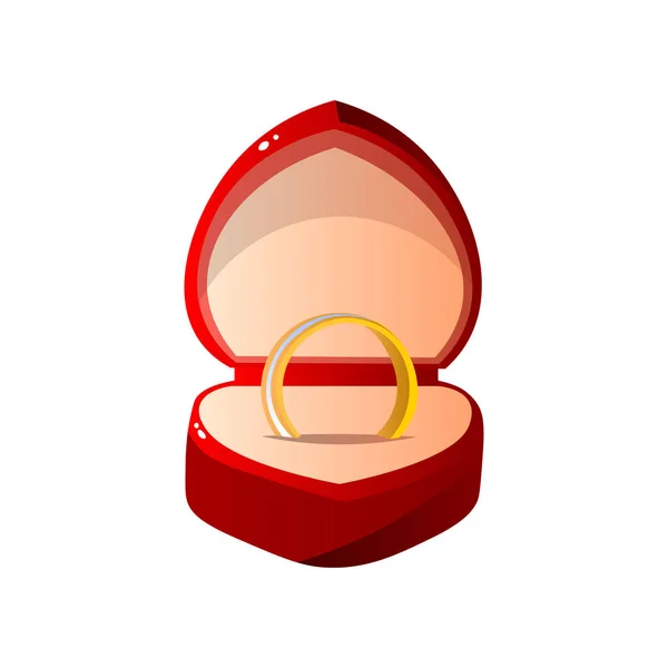 Caixa de presente aberta de veludo vermelho com anel, caixa de jóias em forma de coração com anel de noivado ilustração vetorial — Vetor de Stock