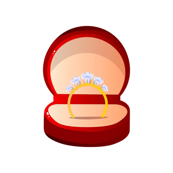 Boîte cadeau ouverte en velours rouge avec bague en diamant, illustration vectorielle ronde de cas de bijoux en forme — Image vectorielle