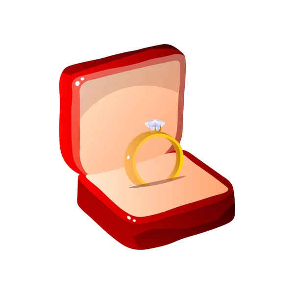 Caixa de presente aberta de veludo vermelho com anel de diamante Ilustração de vetor de jóias — Vetor de Stock