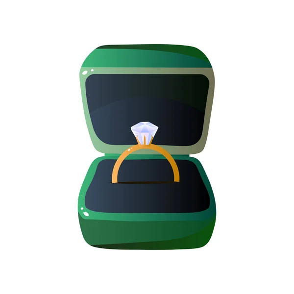 Green Velvet opende geschenkdoos met Diamond Ring, vierkant gevormde Jewelry zaak vectorillustratie — Stockvector