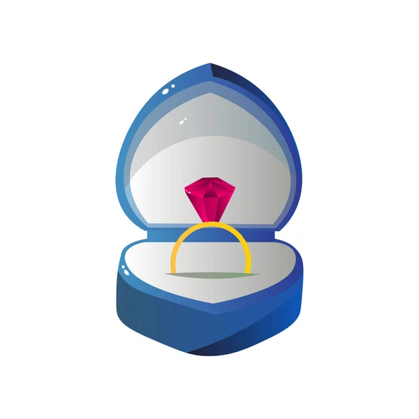 Geopende Gift Box met gouden Ruby Ring, blauw hart vormige Jewelry zaak vectorillustratie — Stockvector