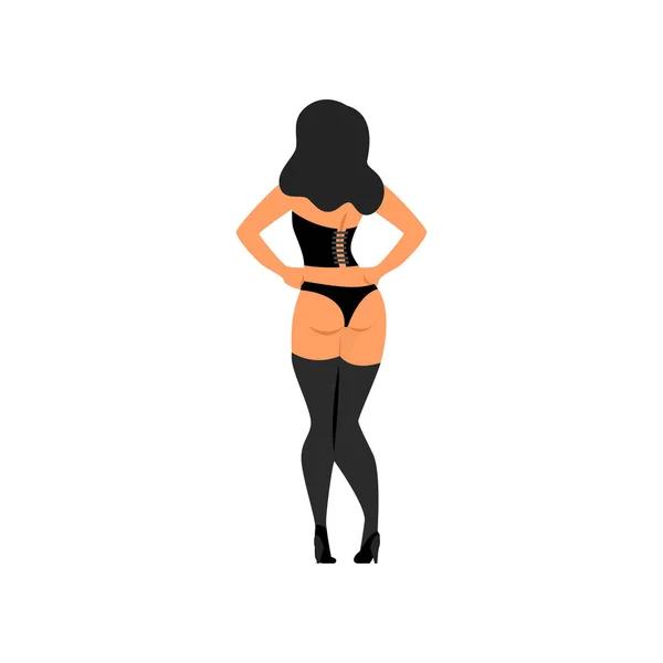 Mujer seductora está de pie con la espalda usando corsé, medias, bragas, zapatos — Vector de stock