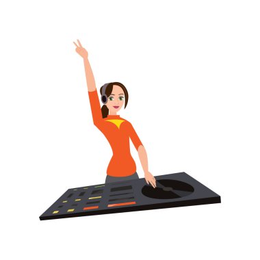 Genç kadın Dj kulaklık ile bir yandan vinil kayıt beyaz zemin üzerine kadar diğer