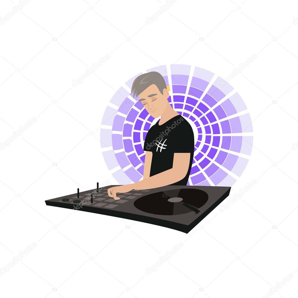 Young DJ with hand on desk mixing music with purple light chaser behind his shoulders on white