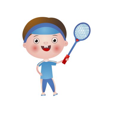 Gülümseyen mutlu çocuk beyaz arka plan üzerinde izole tenis oynuyor