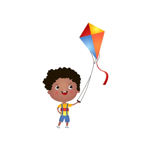 Smiling black boy with curly hair plays with kite isolated on white background - Stok Vektor
