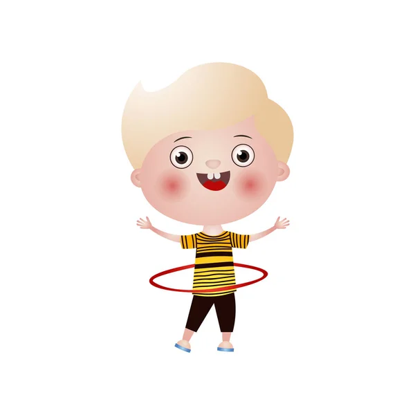 Pequeño niño rubio sonriente juega hula hoop aislado sobre fondo blanco — Vector de stock