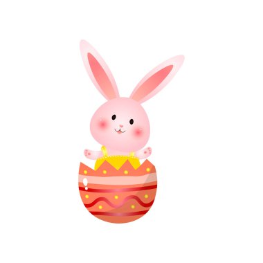 Sevimli pembe Paskalya bunny kırık yumurta kabuğu dalgalar halinde oturma izole üzerinde beyaz arka plan eller