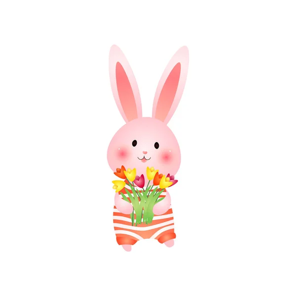 Mignon lapin rose de Pâques avec des fleurs isolées sur fond blanc — Image vectorielle