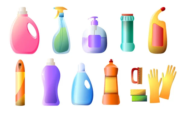 Set of detergent bottles, containers, cleaning supplies, washing powder, spray flat icon isolated on white background. — Stock Vector