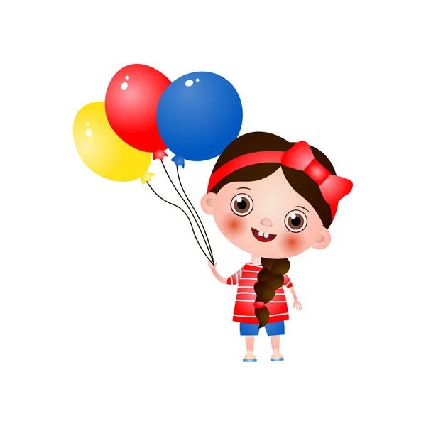 Menina bonito feliz andando com três balões isolados no fundo branco —  Vetores de Stock