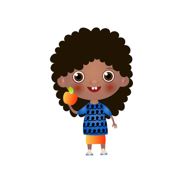 Cute tersenyum gadis hitam berdiri dengan apel di tangan terisolasi di latar belakang putih - Stok Vektor