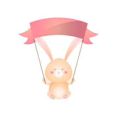 Şirin oturma tavşan üzerinde kafa izole beyaz zemin üzerine kırmızı bayrak tutan