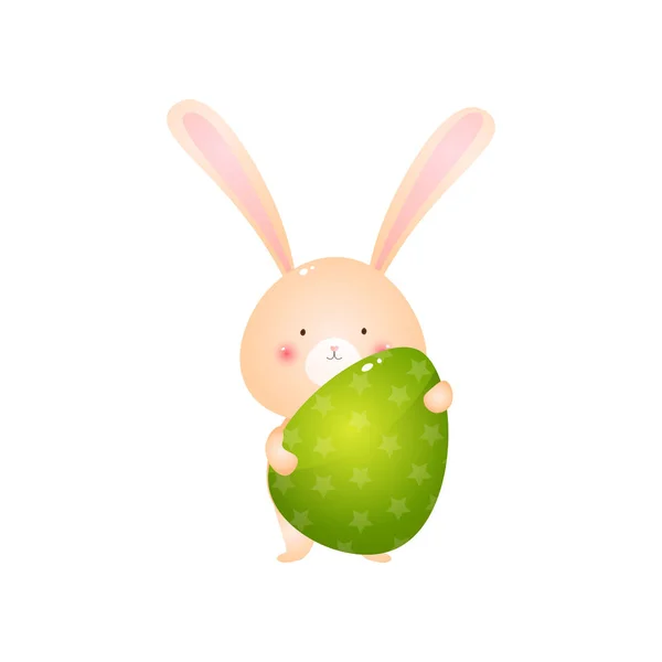 Mignon lapin tenant grand oeuf de Pâques vert isolé sur fond blanc — Image vectorielle