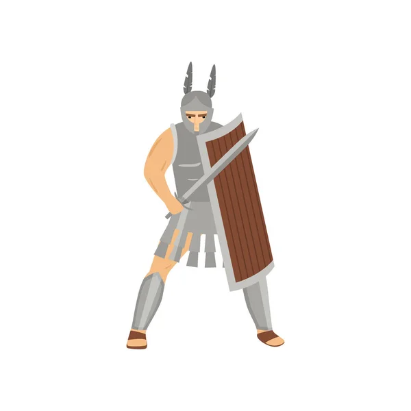 Brave centurion caucasien au regard menaçant dans une armure en acier isolée sur fond blanc — Image vectorielle