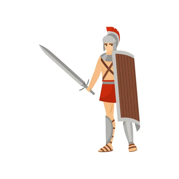 Joven guerrero romano serio con espada en una mano y escudos en otros puestos aislados sobre fondo blanco — Vector de stock
