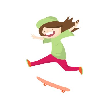 Mutlu kız hızlı kaykay gülümseyen ve aynı zamanda beyaz arka plan üzerinde izole hile yaparak