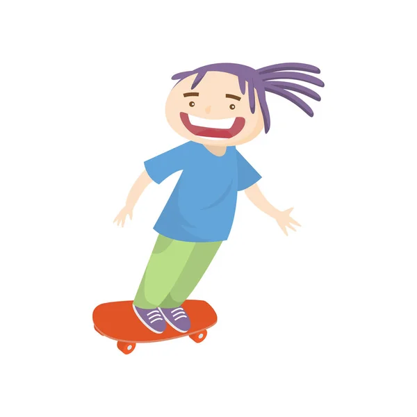 Bláznivý teenager s fialovými dredy skateboardingu rychle izolované na bílém pozadí — Stockový vektor