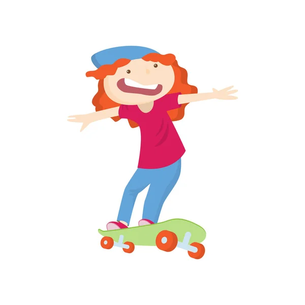 害怕红头发尖叫的女孩骑在滑板上快速试图捕捉平衡隔离在白色 — 图库矢量图片