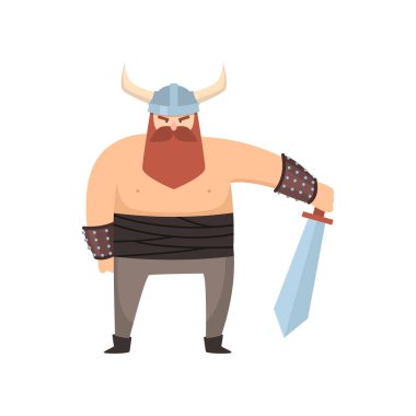 Güçlü fiziği ve kavgacı hava ile erkek viking holding kılıcı beyaz arka plan üzerinde duruyor.