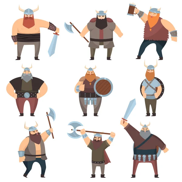 Set of many male vikings with weapons over white background — Stock Vector