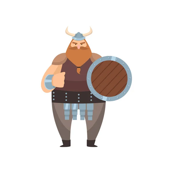 Старый рыжий викинг стоит со щитом и угрожает кулаком на белом фоне — стоковый вектор