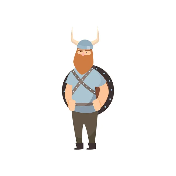 Thin red-bearded viking stands with shield behind shoulders and clenched fists over white background — Stock Vector