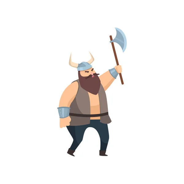 Vikingo barbudo nórdico va con un hacha de batalla muy elevada sobre fondo blanco — Vector de stock